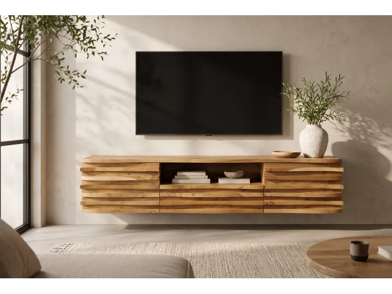 Meuble TV suspendu RELIEF 200 cm en acacia massif — Adeniahome