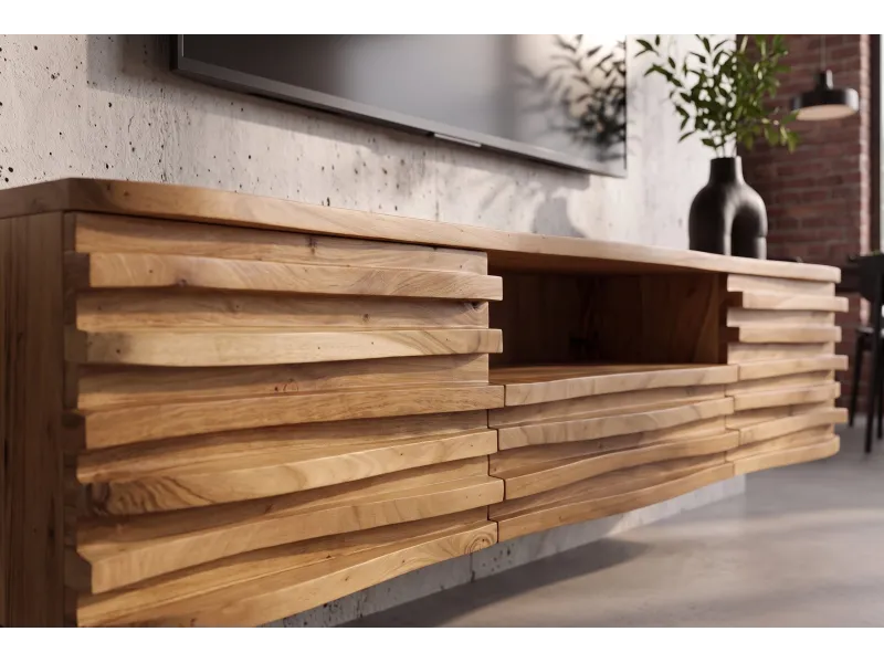 Meuble TV suspendu RELIEF 200 cm en acacia massif — Adeniahome