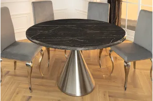 Table ronde effet marbre noir 130 cm piètement chromé — Elegancia