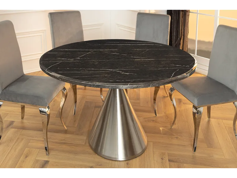 Table ronde effet marbre noir 130 cm piètement chromé — Elegancia