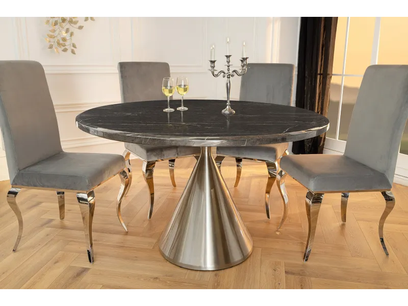 Table ronde effet marbre noir 130 cm piètement chromé — Elegancia