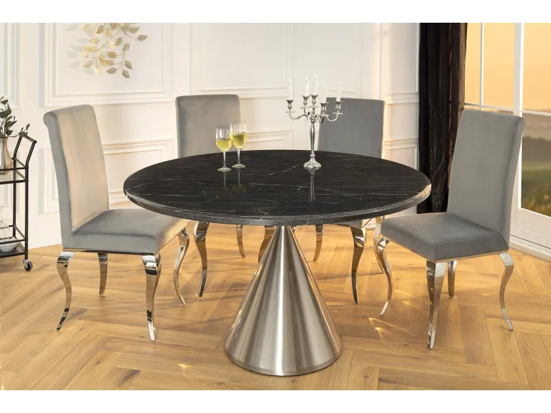 Table ronde effet marbre noir 130 cm piètement chromé — Elegancia