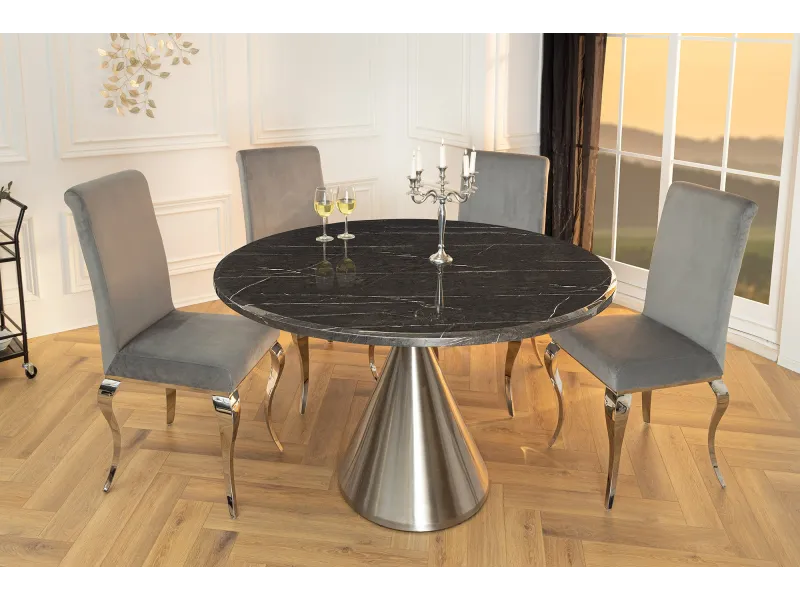 Table ronde effet marbre noir 130 cm piètement chromé — Elegancia