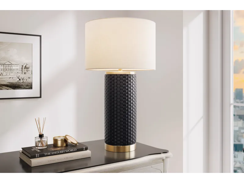 Lampe céramique noire et dorée 70 cm abat-jour blanc — Elegancia