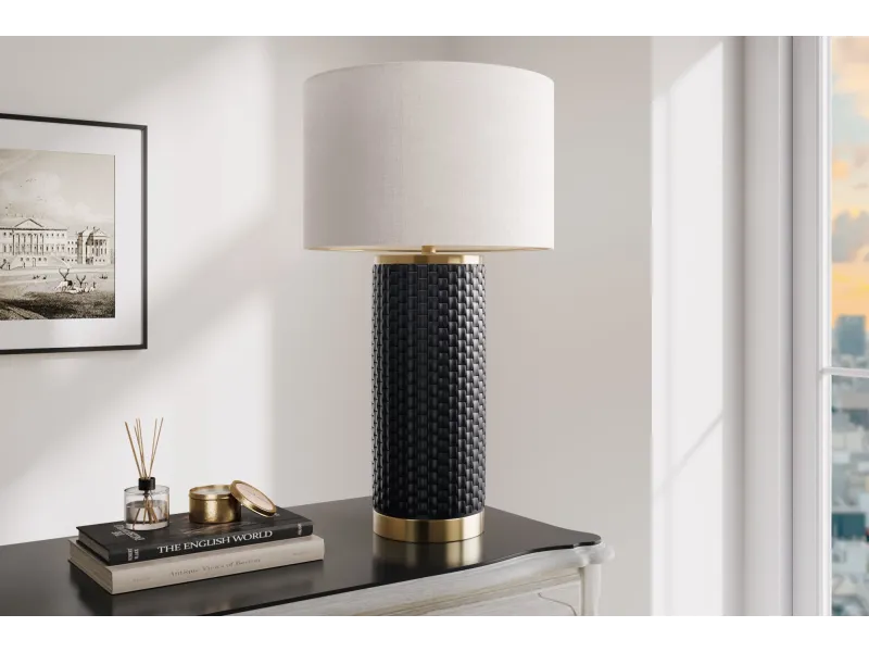 Lampe céramique noire et dorée 70 cm abat-jour blanc — Elegancia