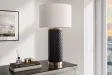 Lampe céramique noire et dorée 70 cm abat-jour blanc — Elegancia