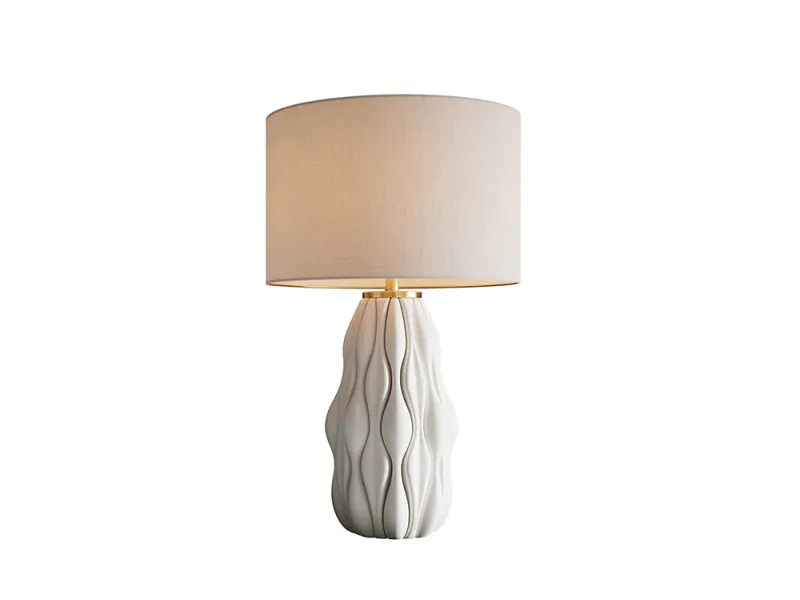 Lampe céramique blanche et dorée 65 cm abat-jour lin — Elegancia