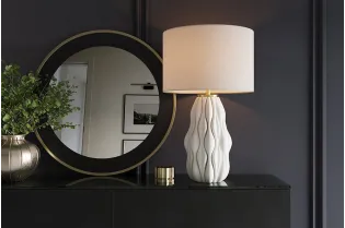 Lampe céramique blanche et dorée 65 cm abat-jour lin — Elegancia