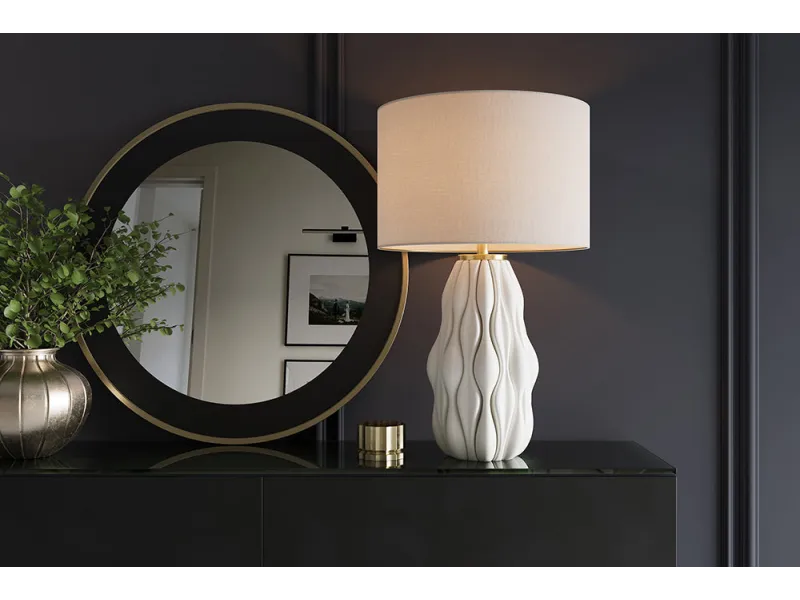 Lampe céramique blanche et dorée 65 cm abat-jour lin — Elegancia