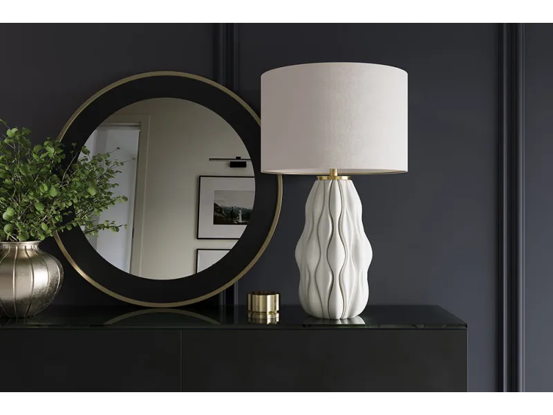 Lampe céramique blanche et dorée 65 cm abat-jour lin — Elegancia