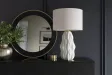 Lampe céramique blanche et dorée 65 cm abat-jour lin — Elegancia
