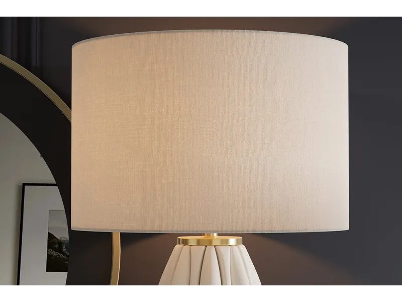 Lampe céramique blanche et dorée 65 cm abat-jour lin — Elegancia