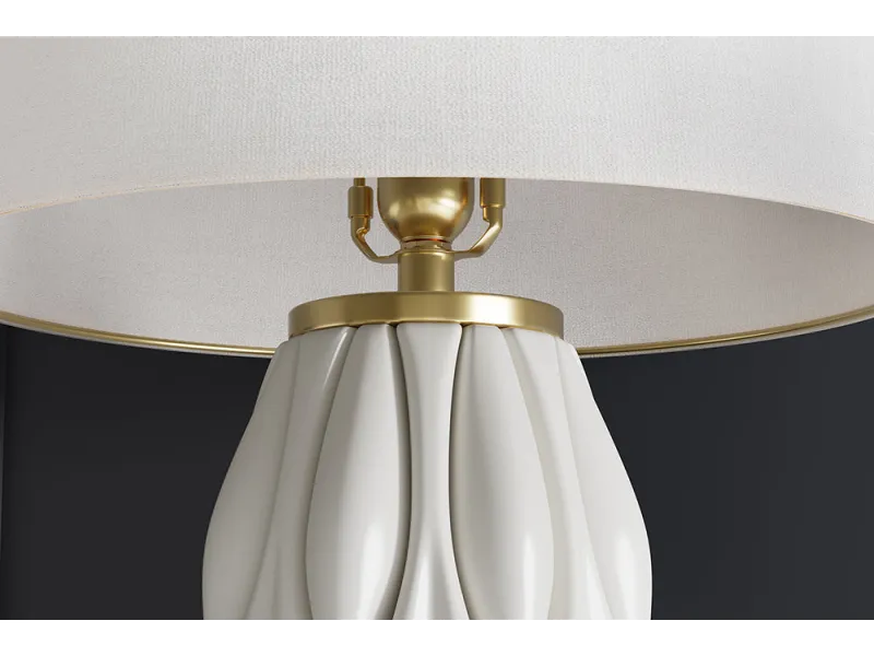Lampe céramique blanche et dorée 65 cm abat-jour lin — Elegancia
