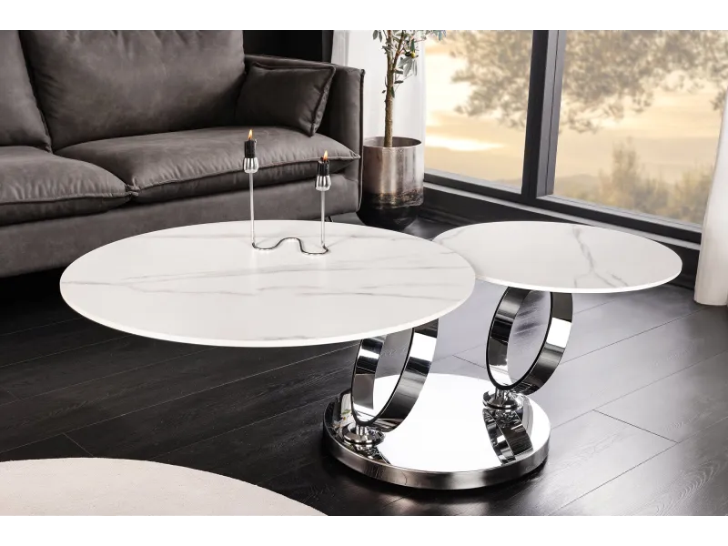 Table basse pivotante céramique marbre blanc 135 cm Dancing Rings