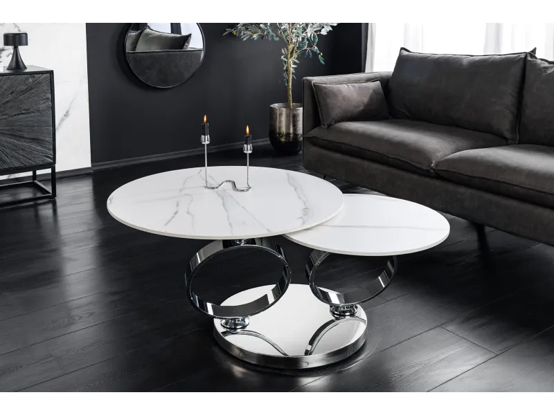Table basse pivotante céramique marbre blanc 135 cm Dancing Rings