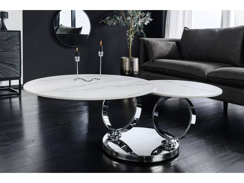 Table basse pivotante céramique marbre blanc 135 cm Dancing Rings