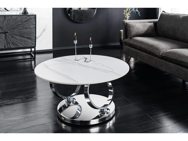 Table basse pivotante céramique marbre blanc 135 cm Dancing Rings