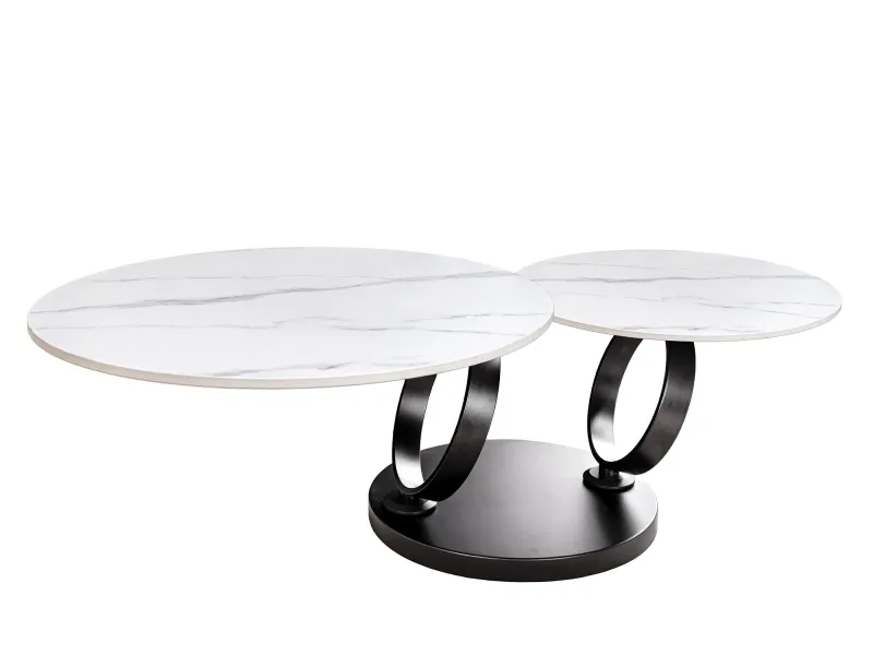 Table basse Dancing Rings pivotante céramique marbre blanc 80-135 cm