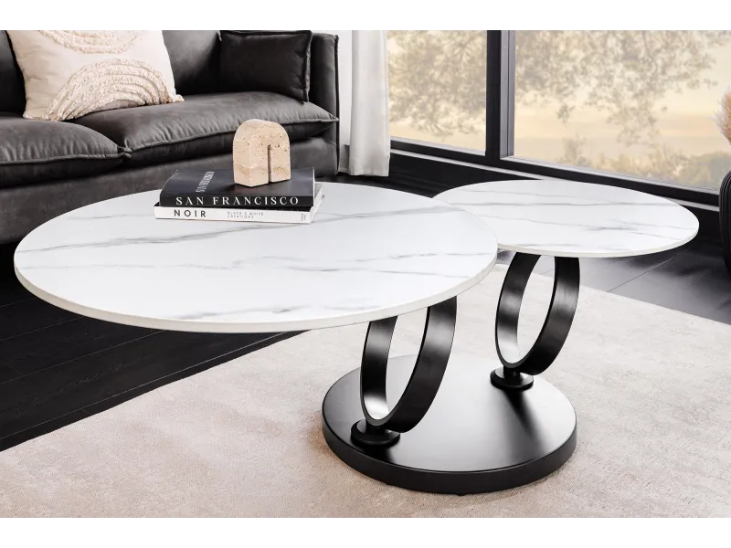 Table basse Dancing Rings pivotante céramique marbre blanc 80-135 cm