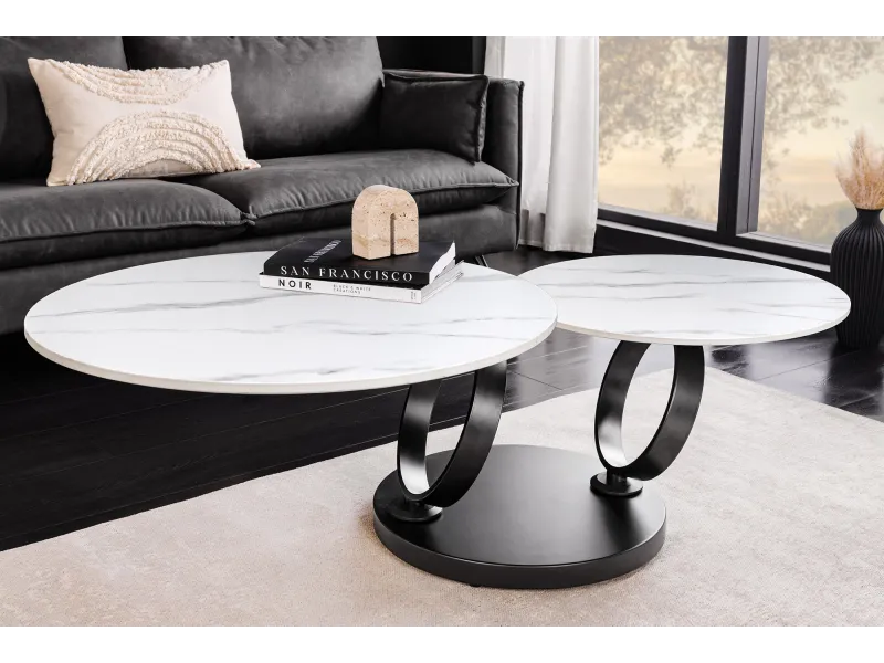 Table basse Dancing Rings pivotante céramique marbre blanc 80-135 cm
