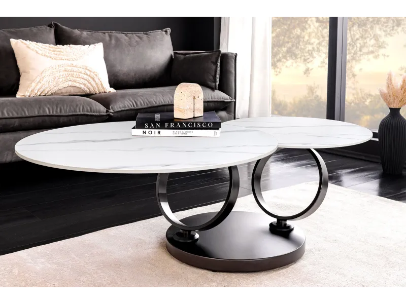Table basse Dancing Rings pivotante céramique marbre blanc 80-135 cm