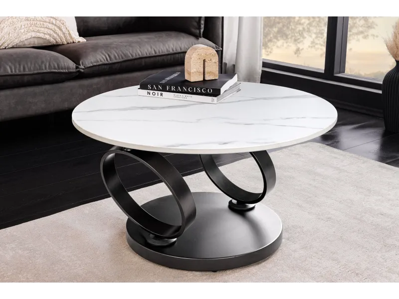 Table basse Dancing Rings pivotante céramique marbre blanc 80-135 cm