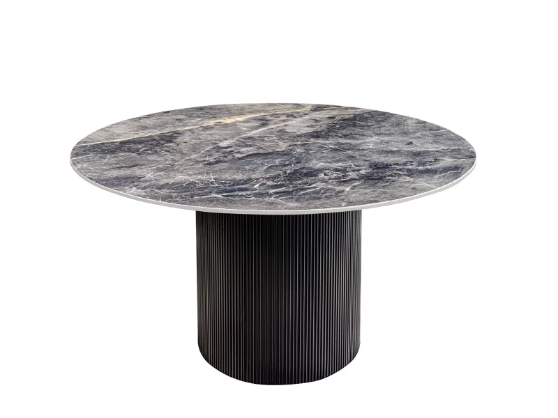 Table ronde Unique 120 cm — céramique effet marbre gris, pied noir