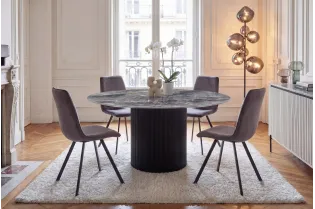 Table ronde Unique 120 cm — céramique effet marbre gris, pied noir