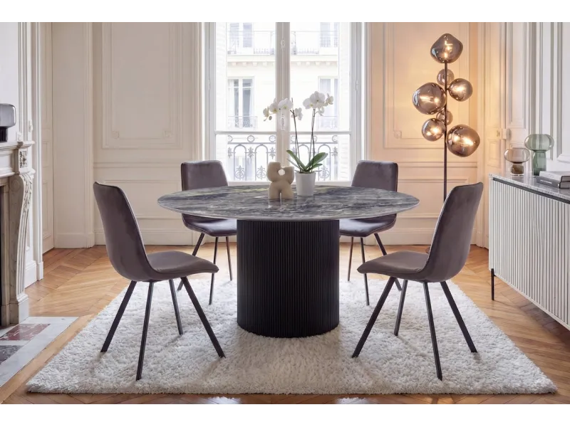 Table ronde Unique 120 cm — céramique effet marbre gris, pied noir