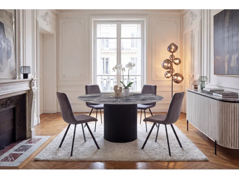 Table ronde Unique 120 cm — céramique effet marbre gris, pied noir