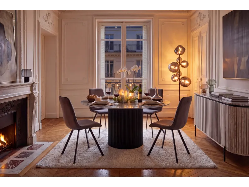 Table ronde Unique 120 cm — céramique effet marbre gris, pied noir