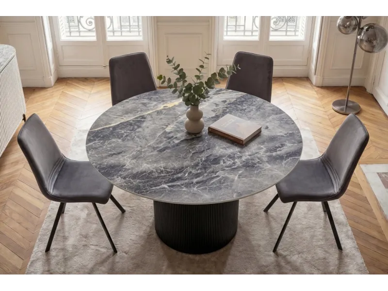 Table ronde Unique 120 cm — céramique effet marbre gris, pied noir