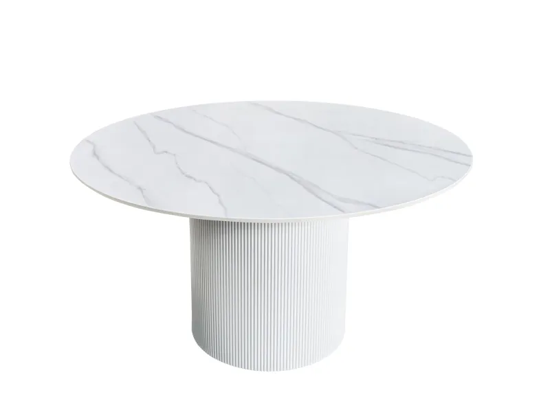 Table ronde Unique 120 cm — céramique effet marbre blanc, pied blanc