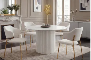 Table ronde Unique 120 cm — céramique effet marbre blanc, pied blanc