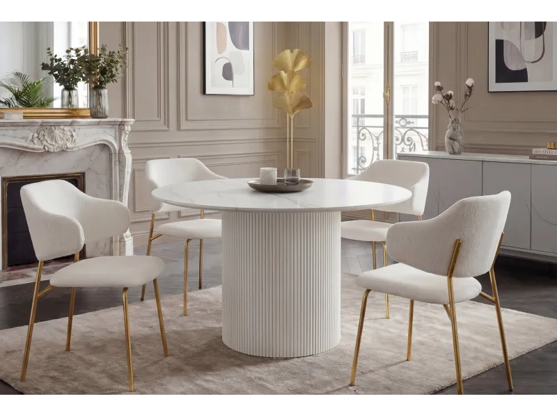 Table ronde Unique 120 cm — céramique effet marbre blanc, pied blanc
