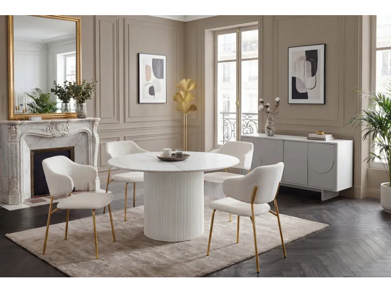 Table ronde Unique 120 cm — céramique effet marbre blanc, pied blanc