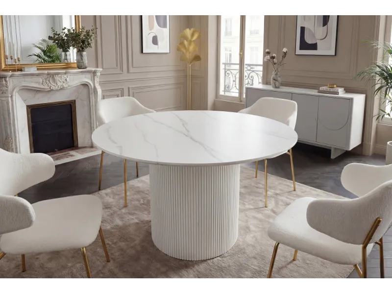 Table ronde Unique 120 cm — céramique effet marbre blanc, pied blanc