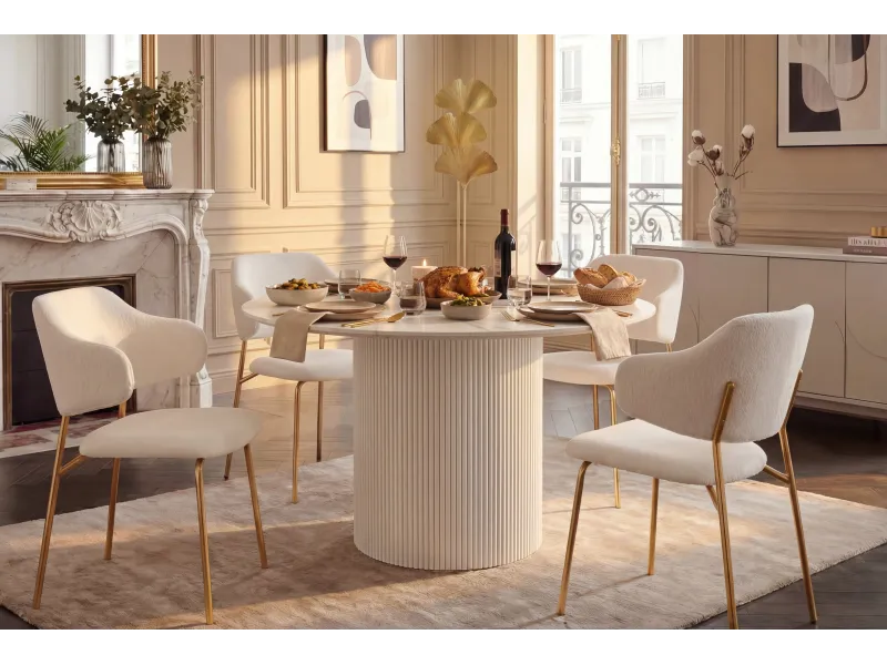Table ronde Unique 120 cm — céramique effet marbre blanc, pied blanc