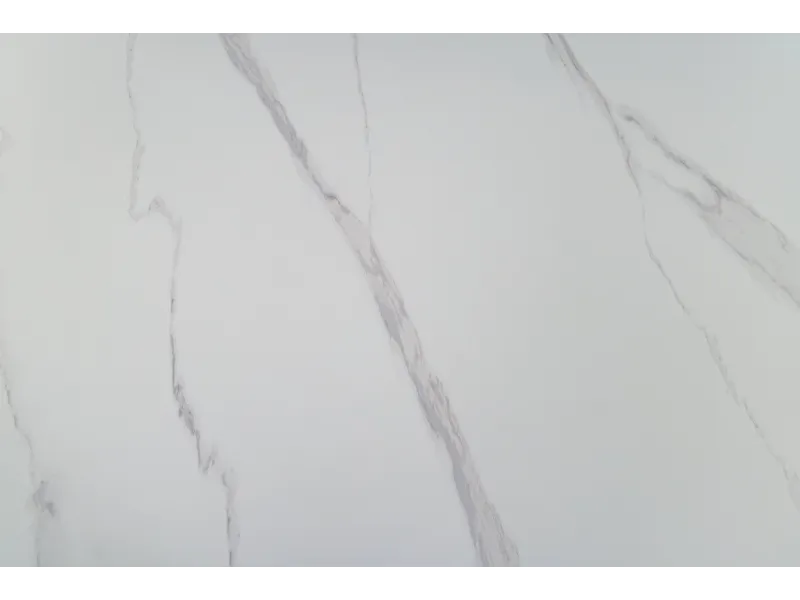 Table ronde Unique 120 cm — céramique effet marbre blanc, pied blanc