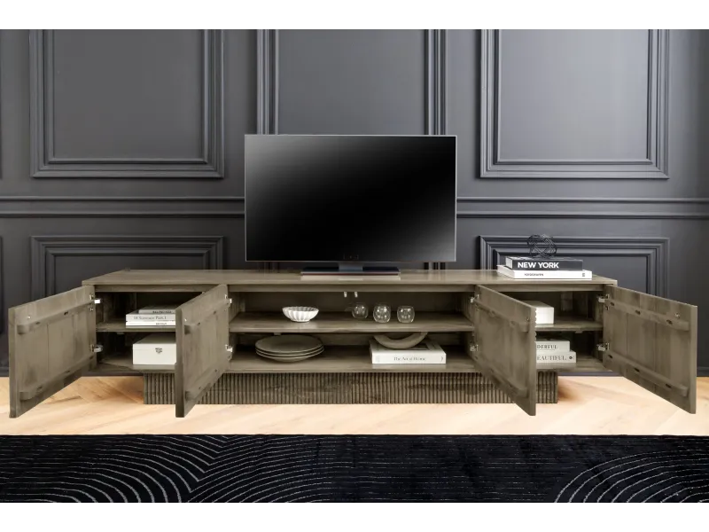 Meuble TV Art Déco manguier massif 200 cm gris — Adeniahome