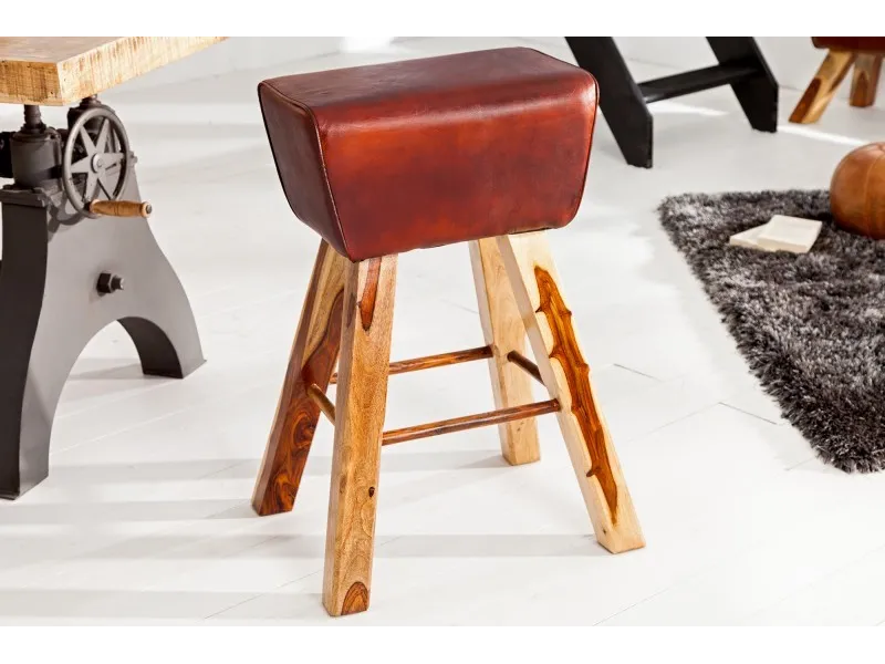 Tabouret design en bois massif et cuir marron