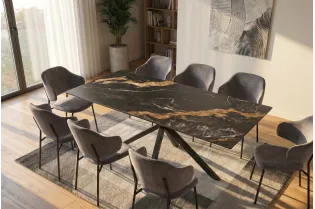 Table Galaxie céramique noire dorée 180 cm piètement étoilé