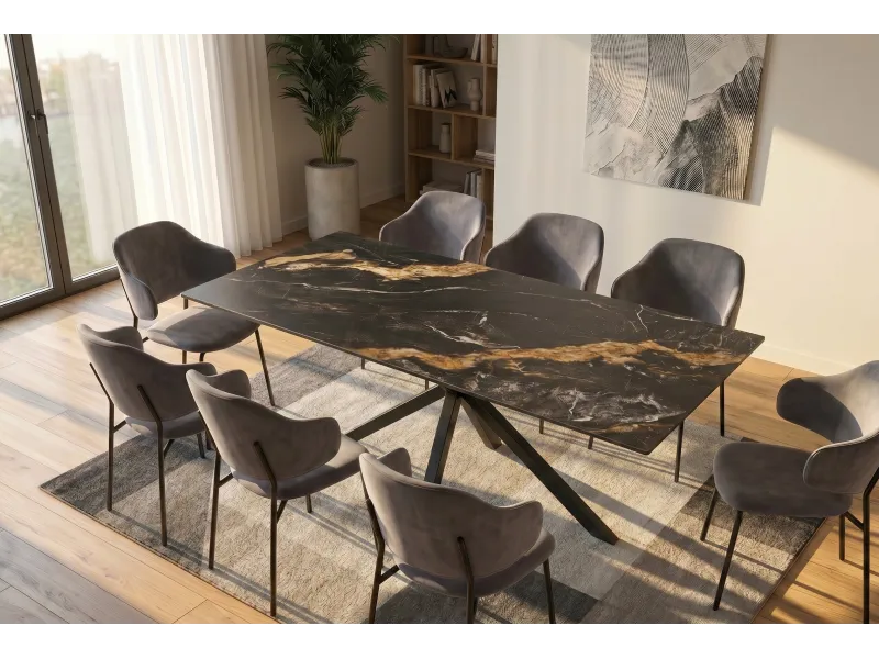 Table Galaxie céramique noire dorée 180 cm piètement étoilé