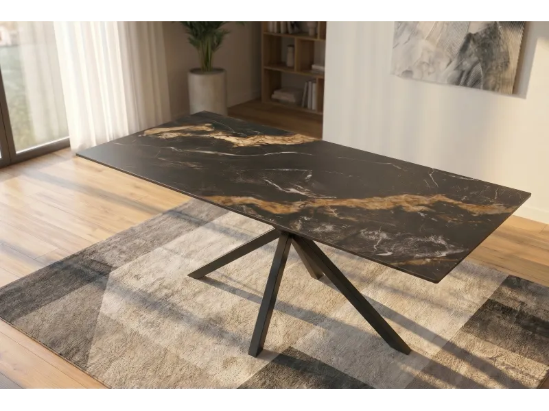 Table Galaxie céramique noire dorée 180 cm piètement étoilé