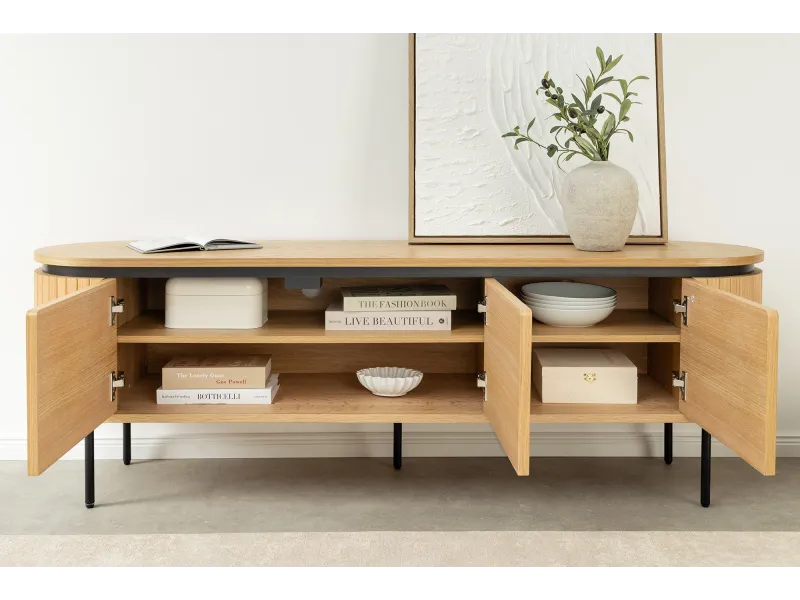 Meuble TV Atelier 160 cm en chêne naturel — Pieds métal noir