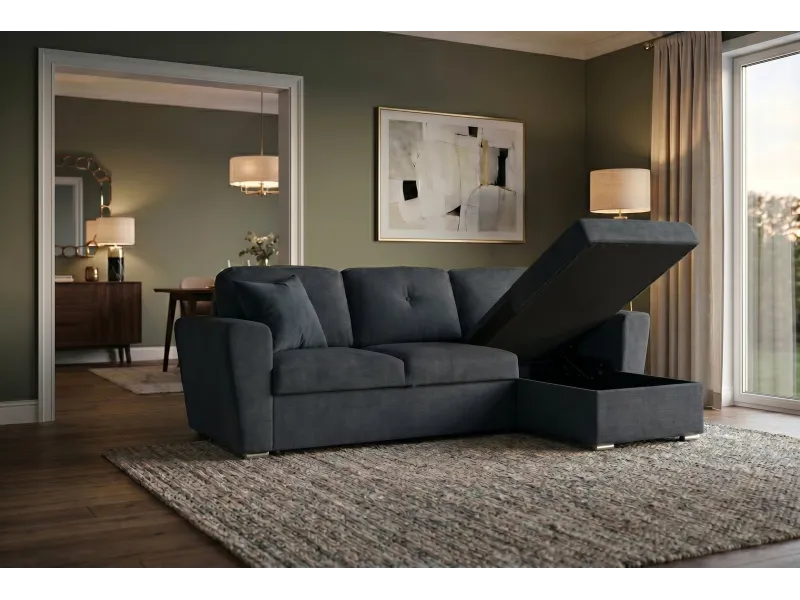 Canapé d'angle convertible APARTMENT 245 cm tissu gris avec rangement