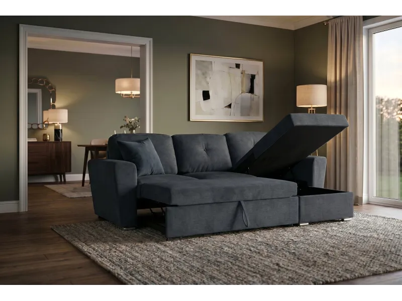 Canapé d'angle convertible APARTMENT 245 cm tissu gris avec rangement