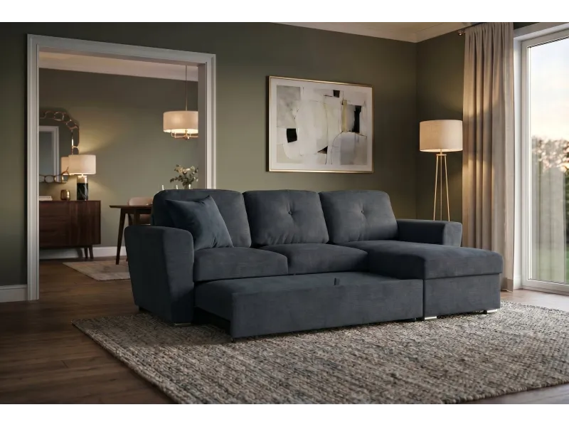 Canapé d'angle convertible APARTMENT 245 cm tissu gris avec rangement
