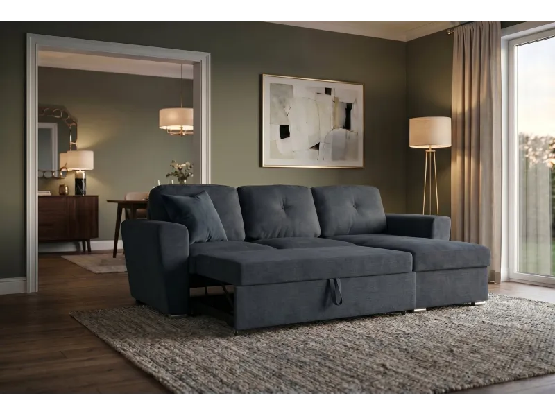 Canapé d'angle convertible APARTMENT 245 cm tissu gris avec rangement