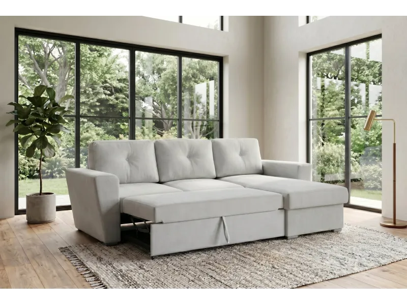 Canapé d'angle convertible APARTMENT 245 cm tissu beige avec rangement